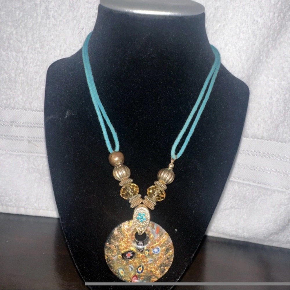 Turquoise Cord Necklace with Gold Mosaic Pendant